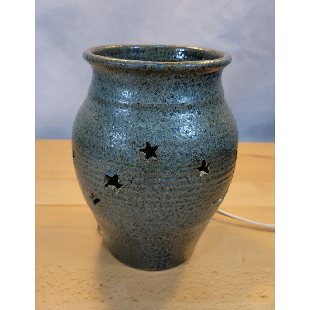 Hand Made Pottery Night Light Moon Stars Electric blue grey 7.5” tall